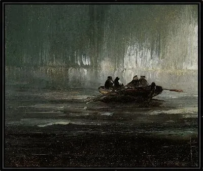 Северное сияние над четырьмя мужчинами в лодке