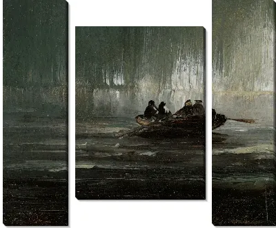 Северное сияние над четырьмя мужчинами в лодке