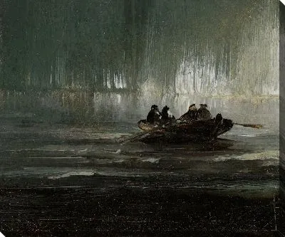 Северное сияние над четырьмя мужчинами в лодке