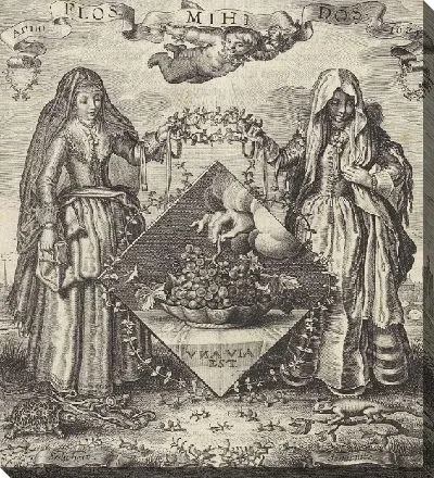 Картина Две женщины обхватывают эмблему рукой, которая берет гроздь винограда