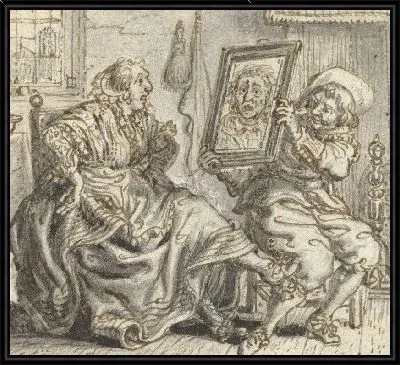 Муж держит зеркало своей жене