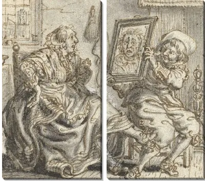 Муж держит зеркало своей жене