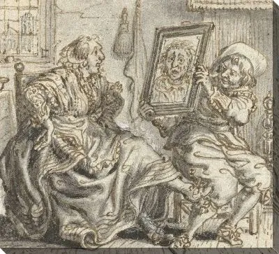 Муж держит зеркало своей жене