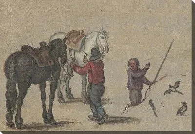 Картина Мужчина держит двух лошадей и человека с птицами