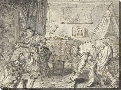 Картина Мужчина моет пол, а его жена сидит у камина