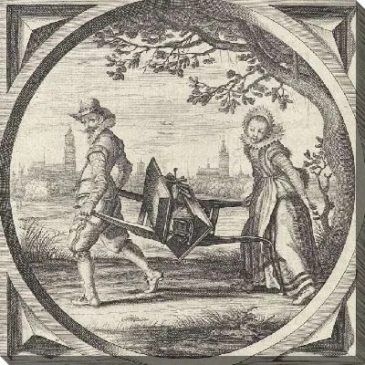 Картина Мужчина и женщина несут коробку вещей