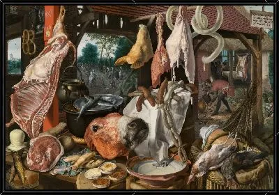 Мясной киоск со святым семейством, дающим милостыню