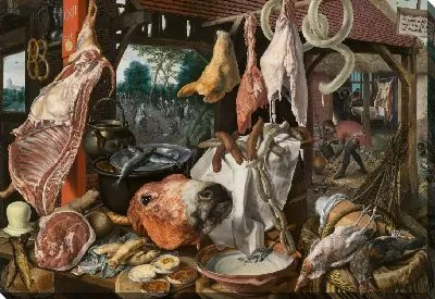 Мясной киоск со святым семейством, дающим милостыню