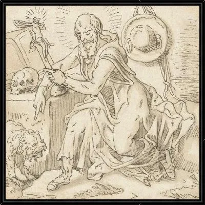 Святой Иероним сидит возле распятия, книги и черепа