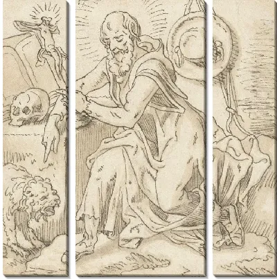 Святой Иероним сидит возле распятия, книги и черепа