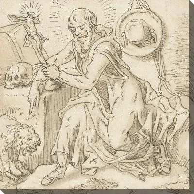 Святой Иероним сидит возле распятия, книги и черепа