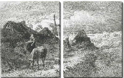 Пейзаж с коттеджами и мельницей