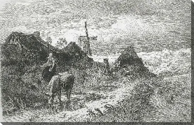 Пейзаж с коттеджами и мельницей