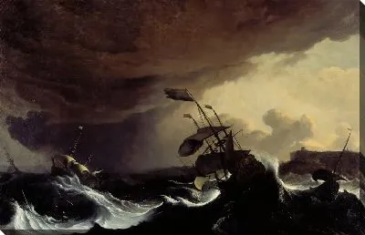 Картина Корабли в бурном море у побережья