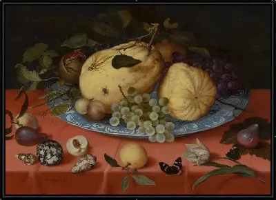 Фруктовый натюрморт с ракушками и тюльпаном