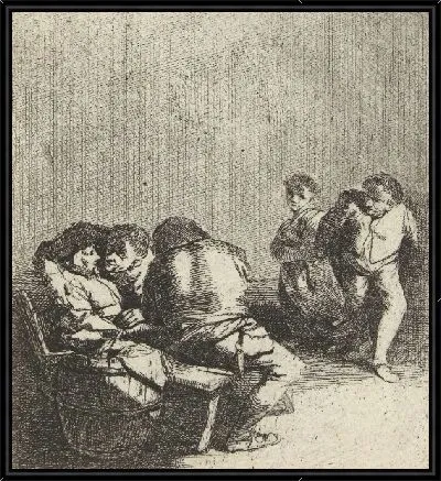 Танцующий мужчина и женщина и два сидящих мужчины и женщины