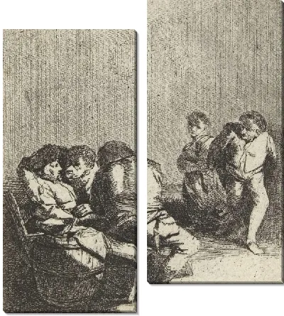 Танцующий мужчина и женщина и два сидящих мужчины и женщины