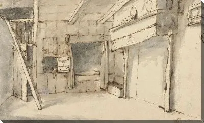 Картина Интерьер фермы с камином