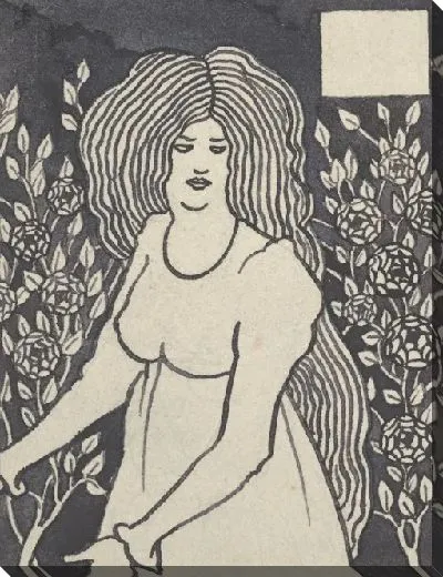 Картина Длинноволосая женщина перед высокими кустами роз 