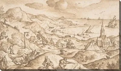 Картина Холмистый прибрежный пейзаж с охотниками, с тщательно продуманной границей рыб и птиц