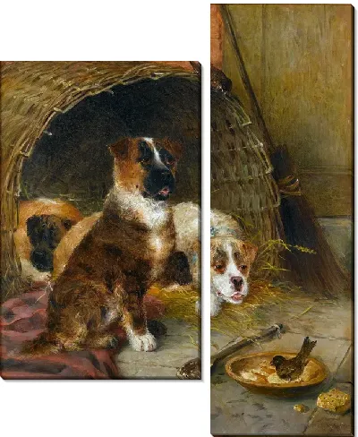 Модульная картина Две собаки и воробей (Two dogs and a sparrow)