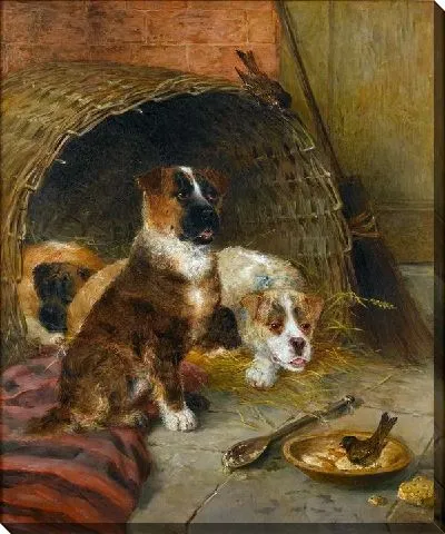 Картина маслом Две собаки и воробей (Two dogs and a sparrow)