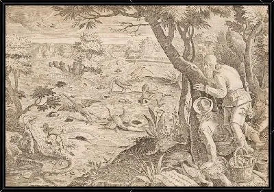 Картина Охота на журавля с использованием шишек, тарелка 28 у диких зверей, птиц, рыб серии