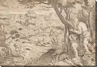 Охота на журавля с использованием шишек, тарелка 28 у диких зверей, птиц, рыб серии