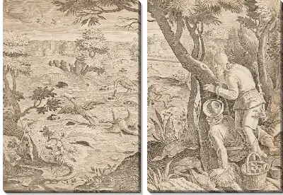 Охота на журавля с использованием шишек, тарелка 28 у диких зверей, птиц, рыб серии