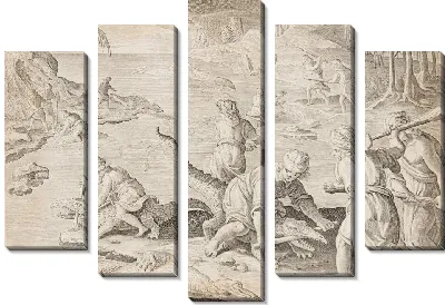 Картина Охотник за крокодилами на Тентире в Египте, 30 с тарелки с дикими зверями, птицами, рыбой серии