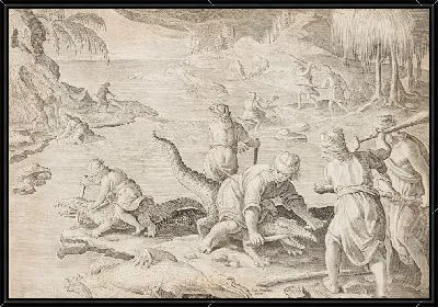 Картина Охотник за крокодилами на Тентире в Египте, 30 с тарелки с дикими зверями, птицами, рыбой серии