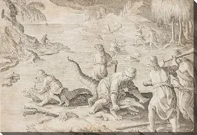 Картина Охотник за крокодилами на Тентире в Египте, 30 с тарелки с дикими зверями, птицами, рыбой серии