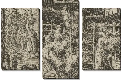 Картина Сбор листьев шелковицы и кормление шелкопрядов, лист 5 из "Введение шелкопряда" [Vermis Sericus]