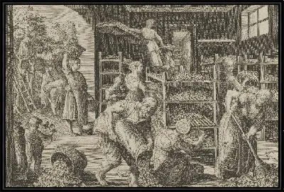 Картина Сбор листьев шелковицы и кормление шелкопрядов, лист 5 из "Введение шелкопряда" [Vermis Sericus]