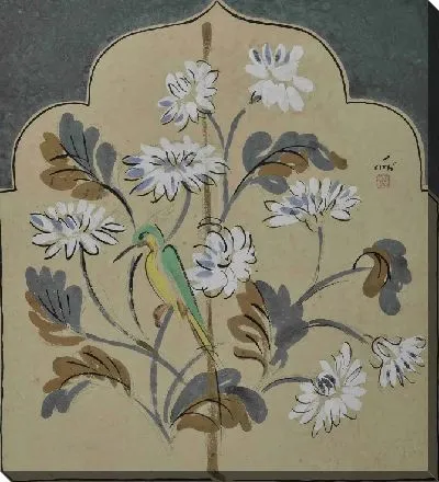 Картина Хризантема с зеленой птицей