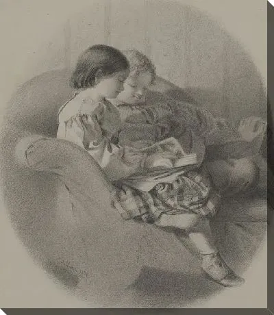 Картина Девочка и мальчик читают на диване