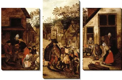 Картина Слепой музыкант с шарманкой в ​​окружении детей в деревне