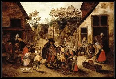 Слепой музыкант с шарманкой в ​​окружении детей в деревне