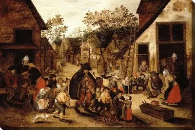 Слепой музыкант с шарманкой в ​​окружении детей в деревне