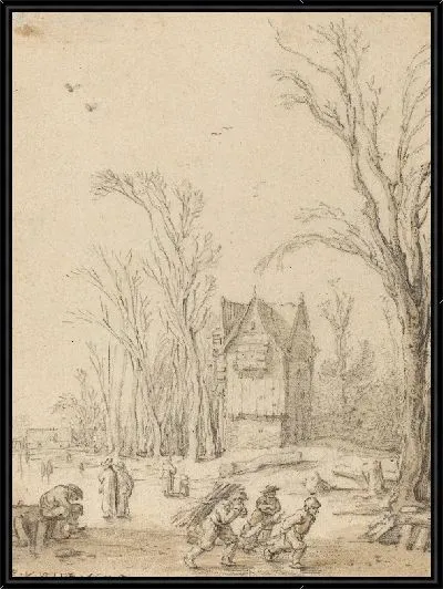 Картина Жители деревни катаются на ледяном пруду