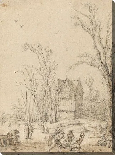 Картина Жители деревни катаются на ледяном пруду