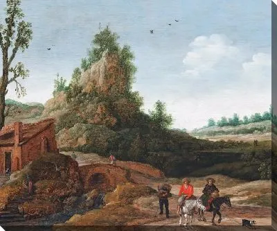 Картина Пейзаж с путешественниками, пересекающими мост перед небольшим жилищем, на переднем плане всадники