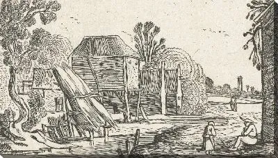 Картина Пейзаж с фермой и сараем на сваях возле воды