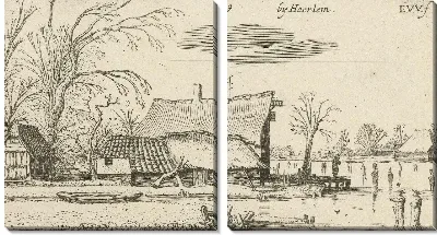 Картина Сельский дом у замерзшей реки с конькобежцами