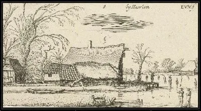 Картина Сельский дом у замерзшей реки с конькобежцами