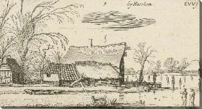 Картина Сельский дом у замерзшей реки с конькобежцами