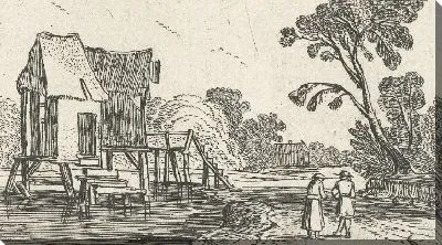 Картина Путь вдоль реки с постройкой на сваях