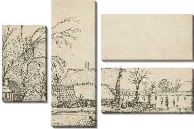 Картина Сельский дом возле замерзшей реки с конькобежцами