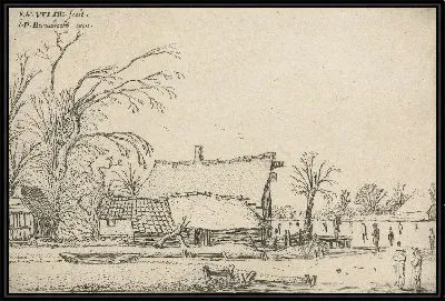 Картина Сельский дом возле замерзшей реки с конькобежцами