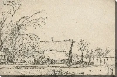 Картина Сельский дом возле замерзшей реки с конькобежцами